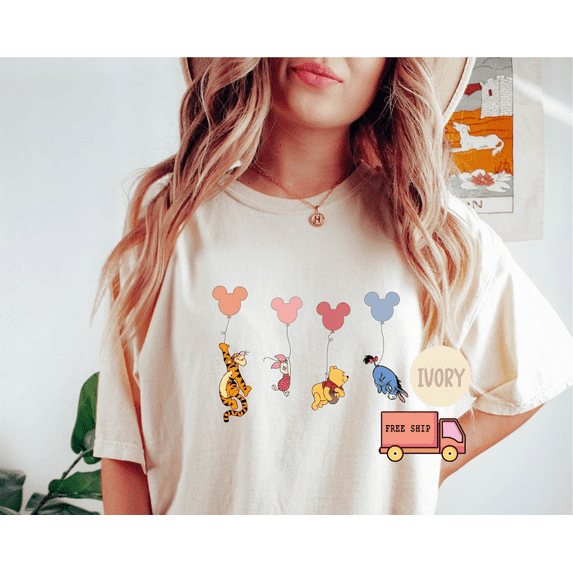 Winnie The Pooh and Friend Balloon Flying Comfort Colors T-Shirt Family Gift Tee,True Navy Color,Size 2XL