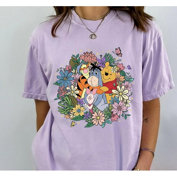 Winnie The Pooh and Friends Colorful Floral Comfort Colors T-Shirt,Violet Color,Size S