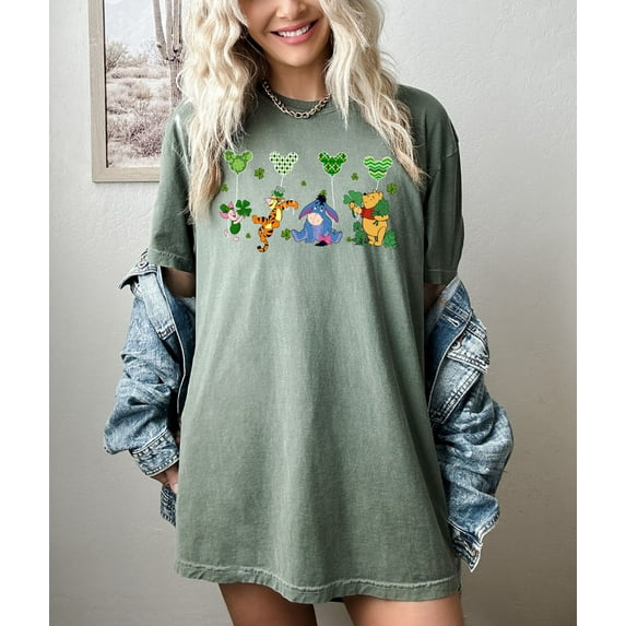 Winnie The Pooh and Friends St. Patrick's Day Shamrock Comfort Colors T-Shirt,Blue Jean Color,Size M