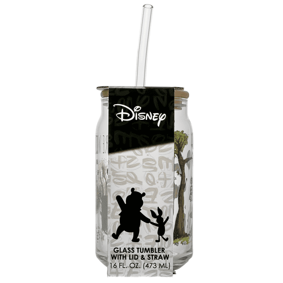 Winnie the Pooh Glass Tumbler with Bamboo Lid and Glass Straw, 16 fl oz