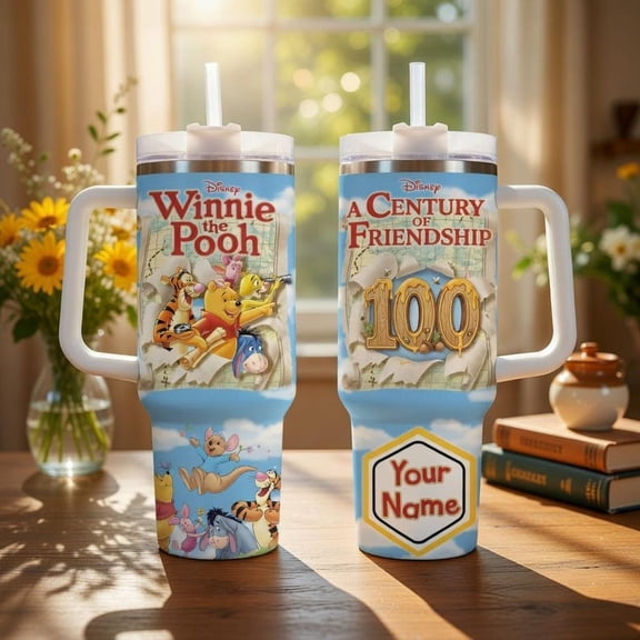 Winnie the Pooh 100th Anniversary 40oz Tumbler with Handle  A Century of Friendship Insulated Cup, Pooh Bear and Friends Travel Mug, Disney Gift
