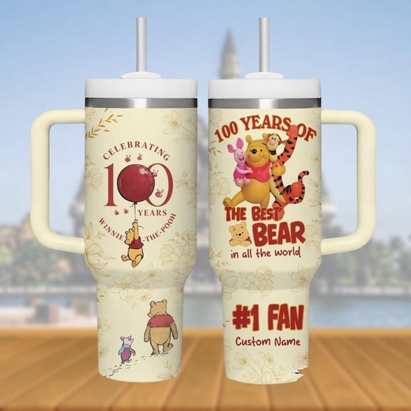 Winnie the Pooh 100th Anniversary 40oz Tumbler with Handle - Celebrating 100 Years Best Bear Cup, Vintage Floral Honey Insulated Tumbler