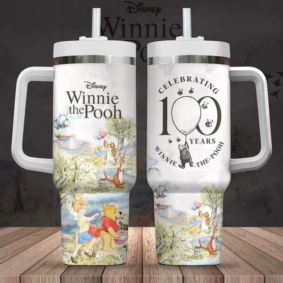 Winnie the Pooh 100th Anniversary 40oz Tumbler with Handle  Classic Disney Pooh Insulated Cup, Celebrating 100 Years Travel Mug, Birthday Gift