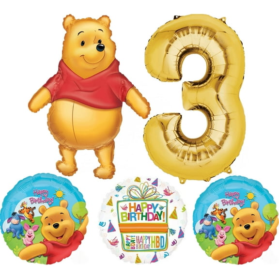 Winnie the Pooh 3rd Birthday Party Supplies Foil Balloon Bouquet Decorations