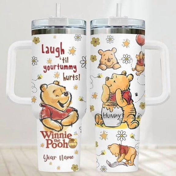 Winnie the Pooh 40oz Tumbler with Handle  Laugh 'Til Your Tummy Hurts Insulated Cup, Classic Pooh Bear Travel Mug, Disney Gift