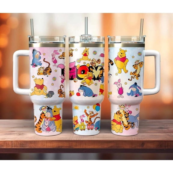 Winnie the Pooh 40oz Tumbler with Handle & Straw - Classic Pooh & Friends Insulated Travel Mug - Disney Hundred Acre Wood Cartoon Cup