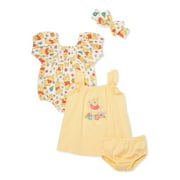 Winnie the Pooh Baby Girl Sundress, Romper and Diaper Cover Outfit Set with Headband, Sizes 0/3M-24M