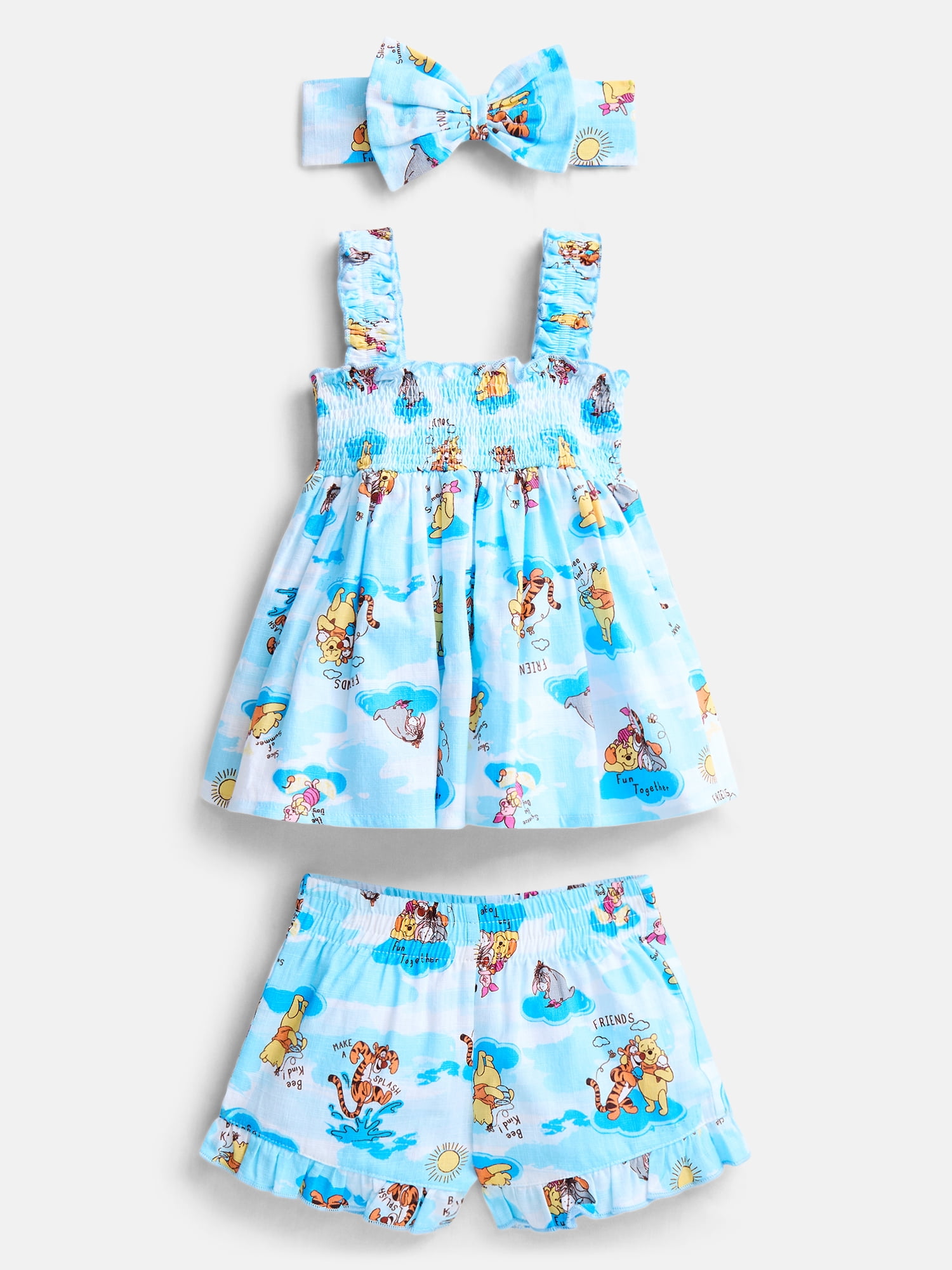 Winnie the Pooh Baby Girls' Smocked Cotton Tank Top, Shorts and Headband Set, 3-Piece, Sizes 0/3M-24M
