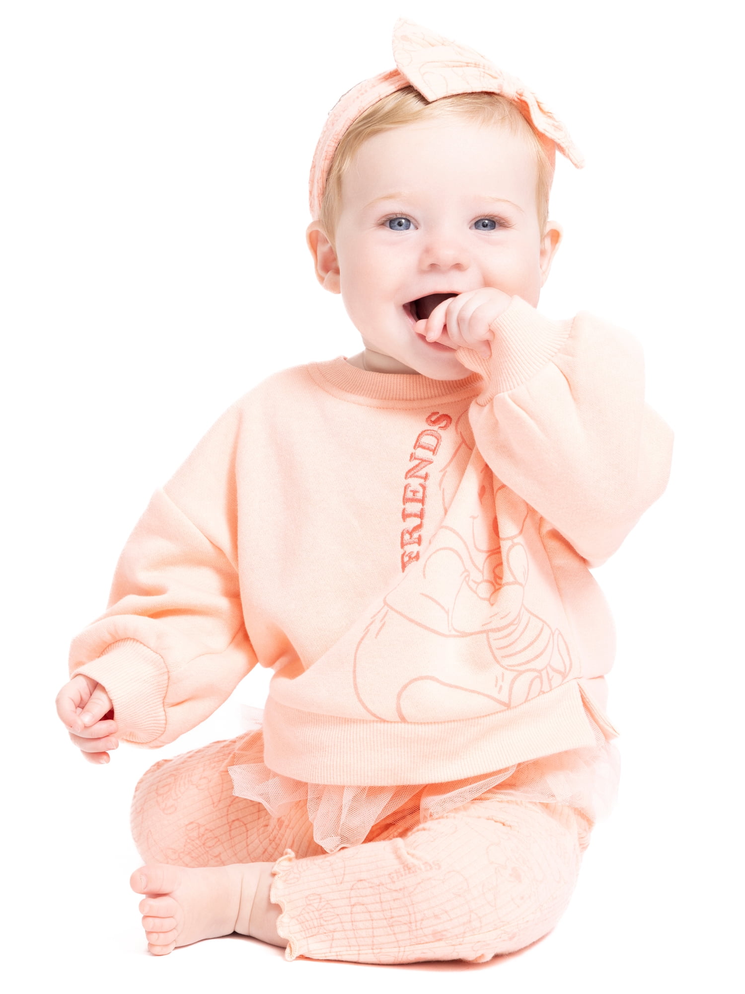 Winnie the Pooh Baby Girls Graphic Tulle Sweatshirt and Printed Leggings with Bow Headband Set, 3-Piece, Sizes 0/3M-24M