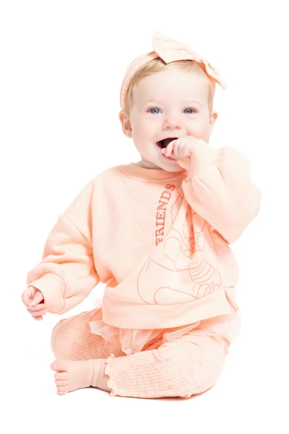 Winnie the Pooh Baby Girls Graphic Tulle Sweatshirt and Printed Leggings with Bow Headband Set, 3-Piece, Sizes 0/3M-24M