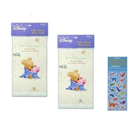 Winnie the Pooh Baby Shower Party Supplies Bundle includes 2 Game Books for up to 16 Guests and 1 Dinosaur Sticker Sheet