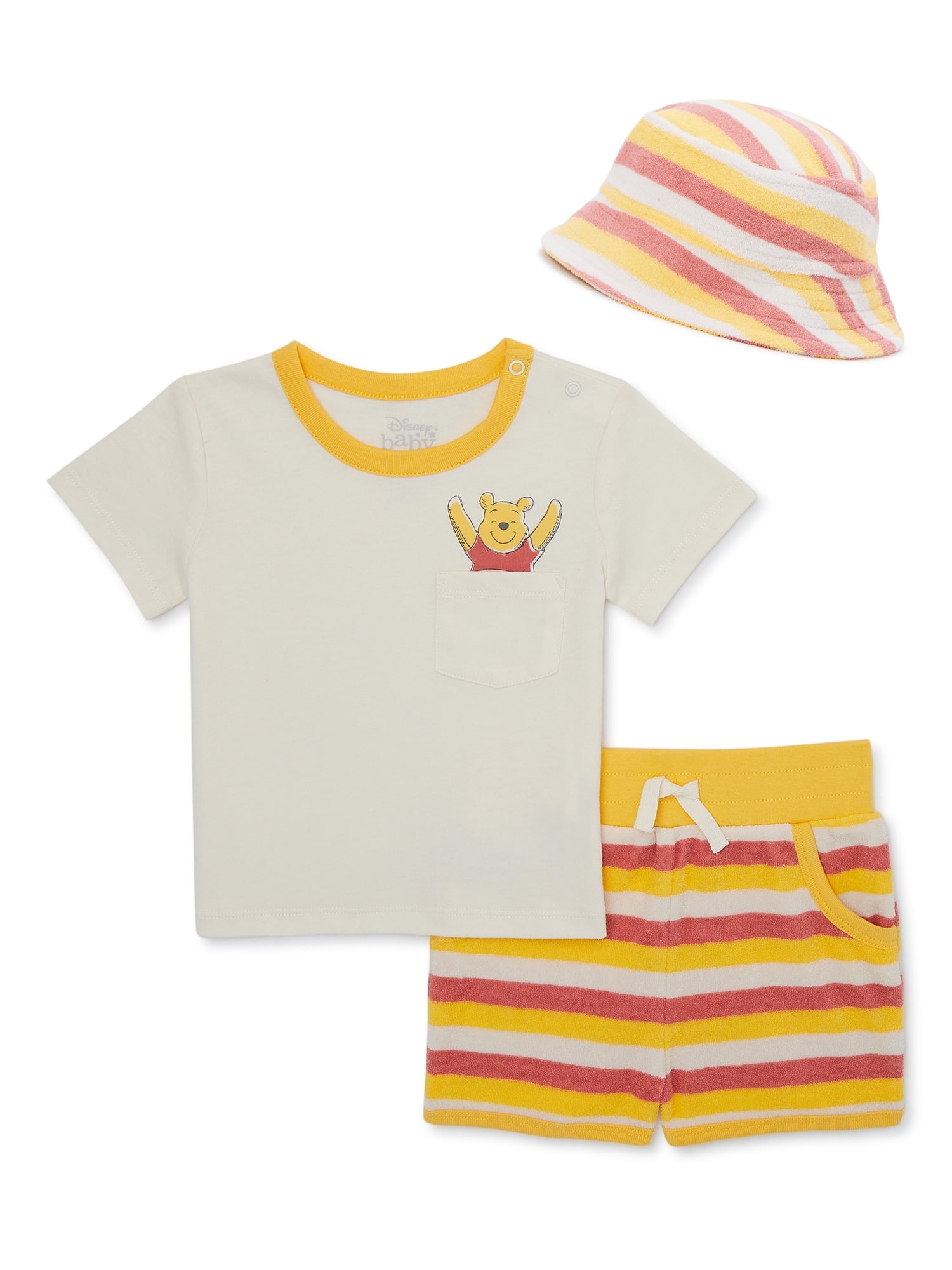 Winnie the Pooh Baby T-Shirt, Terry Shorts and Hat Outfit Set, 3-Pack, Sizes 0-24 Months