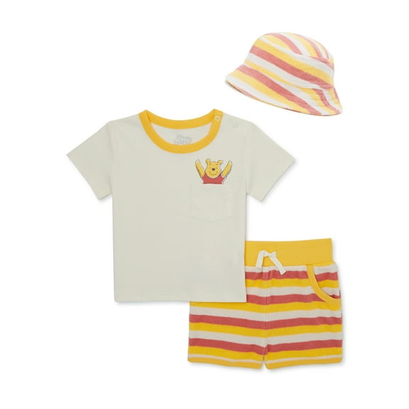 Winnie the Pooh Baby T-Shirt, Terry Shorts and Hat Outfit Set, 3-Pack, Sizes 0-24 Months