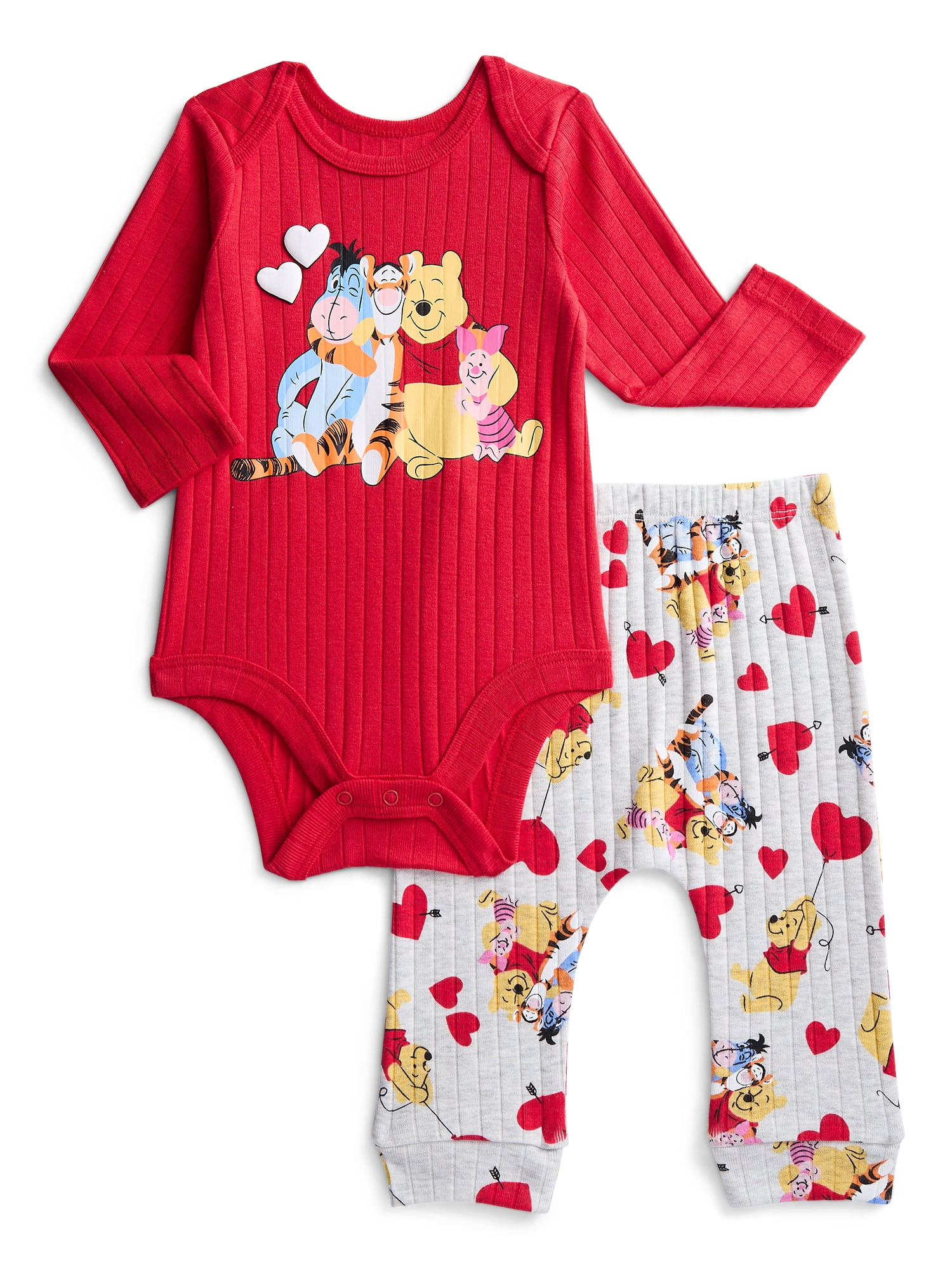 Winnie the Pooh Baby Girls Valentine's Day Long Sleeve Bodysuit with Matching Joggers, 2-Piece Set, Sizes Newborn-12M