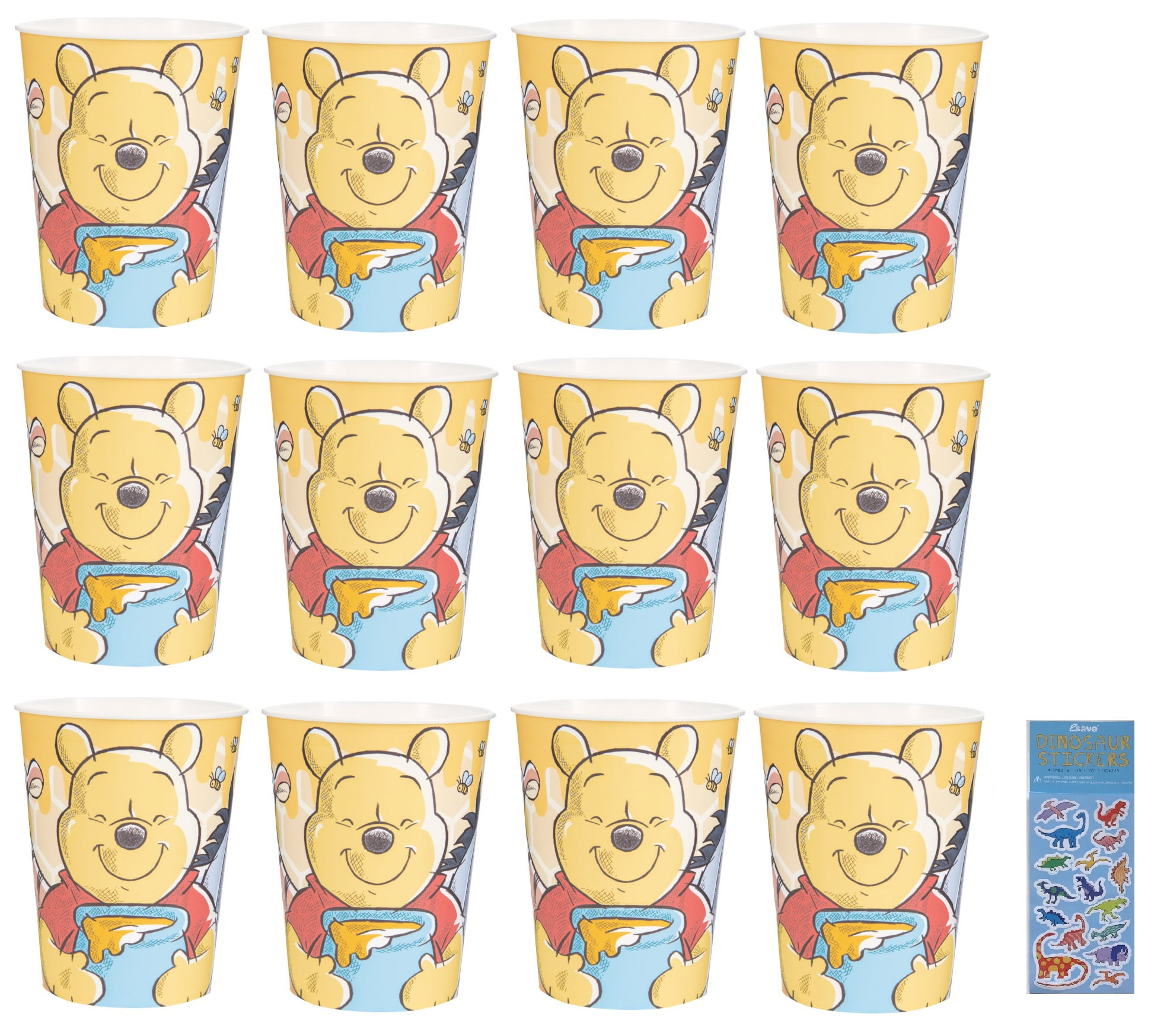 Winnie the Pooh Birthday Baby Shower Party Supplies Favor Bundle Pack includes 12 Reusable Plastic Favor Cups and 1 Dinosaur Sticker Sheet