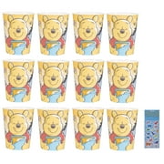 Winnie the Pooh Birthday Baby Shower Party Supplies Favor Bundle Pack includes 12 Reusable Plastic Favor Cups and 1 Dinosaur Sticker Sheet