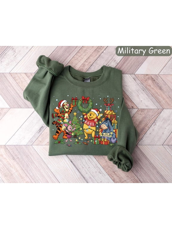 Winnie the Pooh Christmas Sweatshirt, Holiday Graphic Crewneck,Forest Green Color,Size 3XL