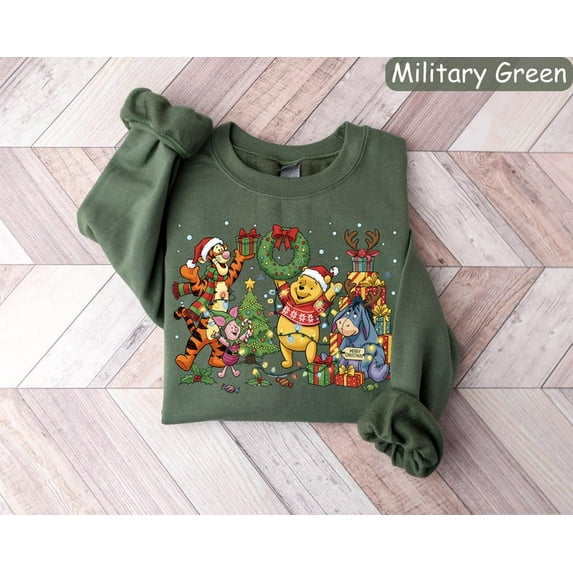 Winnie the Pooh Christmas Sweatshirt, Holiday Graphic Crewneck,Forest Green Color,Size M