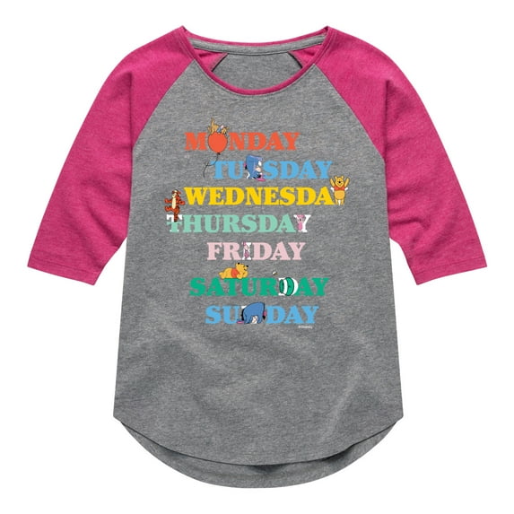 Winnie the Pooh - Days of the Week with Piglet, Tigger, Eeyore - Toddler And Youth Girls Raglan Graphic T-Shirt