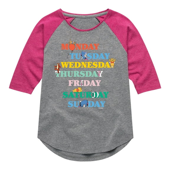 Winnie the Pooh - Days of the Week with Piglet, Tigger, Eeyore - Toddler And Youth Girls Raglan Graphic T-Shirt
