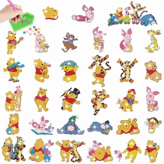 Winnie the Pooh Diamond Art Painting Sticker Kits for Kids-Cartoon Diamond Gem Stickers Kit,5D Gem Art Stickers Mosaic for Kids Gift for Boys Girls