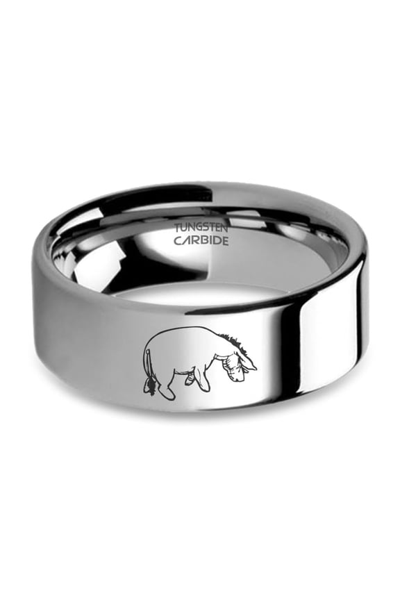 Winnie-the-Pooh Eeyore Engraved Silver Tungsten Carbide Ring, 8mm, Size 8.5