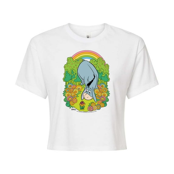 Winnie the Pooh - Eeyore Grazing Through Flowers - Rainbow - Juniors Cropped Cotton Blend T-Shirt