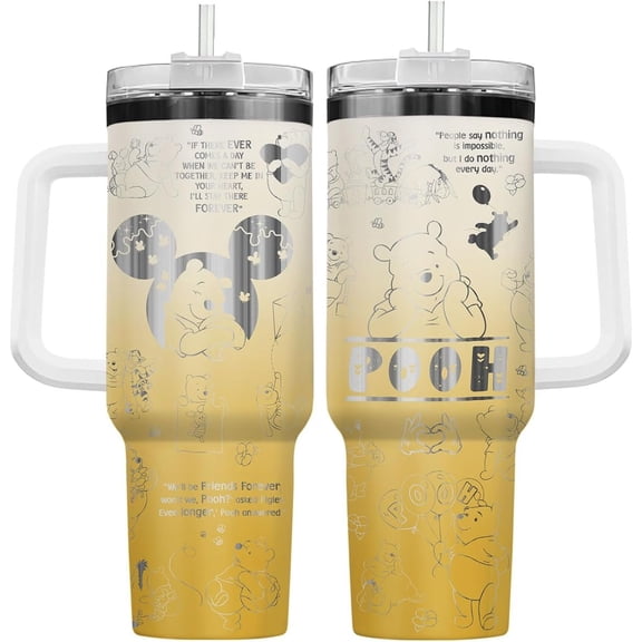 Winnie the Pooh Friendship Quotes 40oz Laser Engraved Tumbler With Handle, Yellow Ombre Stainless Steel Insulated Travel Cup for Hot and Cold Drinks