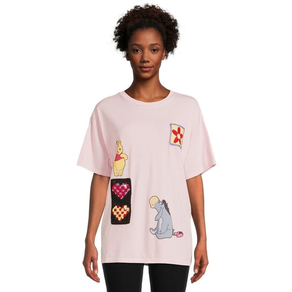 Winnie the Pooh Juniors' Oversized Graphic Tee with Crochet Patch, Sizes XS-3XL