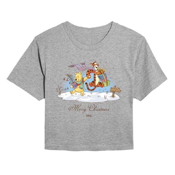 Winnie the Pooh - Merry Christmas Tigger and Pooh - Juniors Cropped Graphic T-Shirt