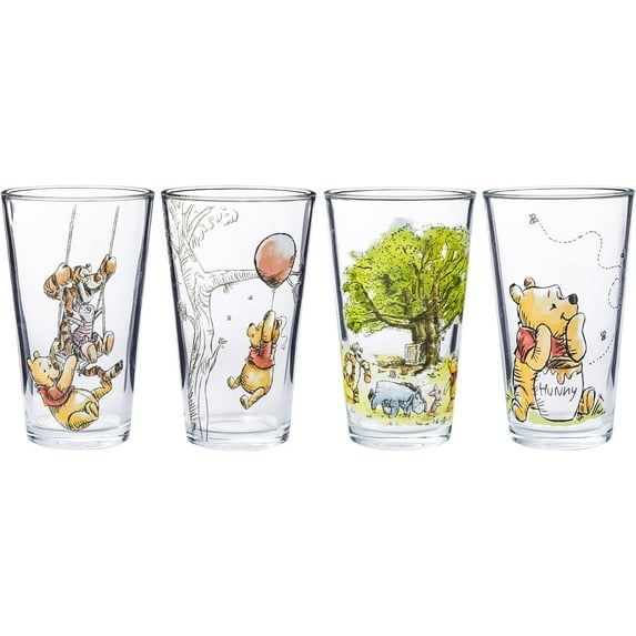 Silver Buffalo Disney's Winnie the Pooh Painted Scenes 4pc Pint Glass Set, 16 Ounces