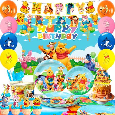 Winnie the Pooh Birthday Party Supplies, 112 Pieces Winnie the Pooh Party Decorations Set - Winnie the Pooh Tablecloth, Balloons, Backdrops and More Party Birthday Decorations