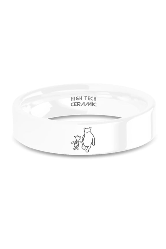 Winnie-the-Pooh Piglet Holding Hands Engraved White Ceramic Ring, 6mm, Size 9