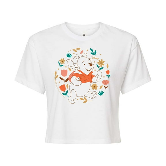 Winnie the Pooh - Pooh and Piglet Playing in Flowers - Juniors Cropped Cotton Blend T-Shirt