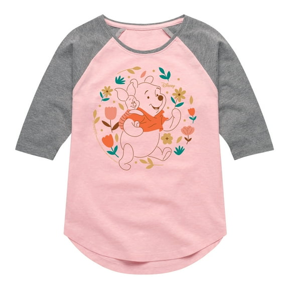 Winnie the Pooh - Pooh and Piglet Playing in Flowers - Toddler And Youth Girls Raglan Graphic T-Shirt