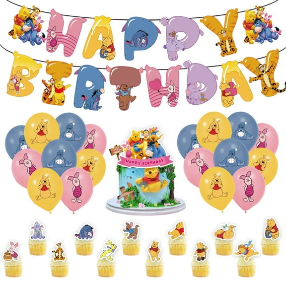 Winnie the Pooh Theme Cartoon style Birthday Decoration KitsParty Supplies for KidsIncluding Banner, Balloons, Cake Toppers, Cupcake Toppers.