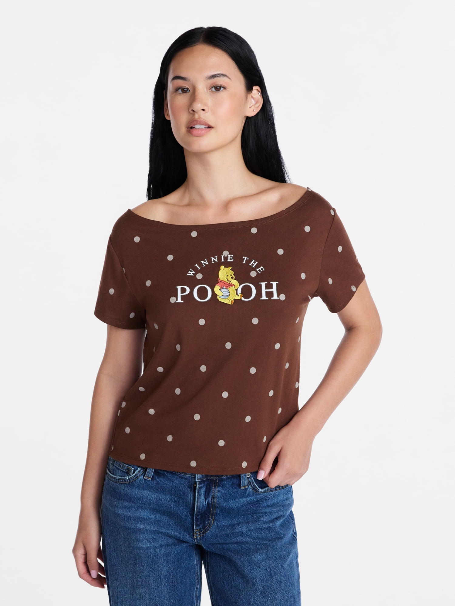 Winnie the Pooh Women's Off the Shoulder Skimmer Polka Dot Tee, Sizes XXS-XXL