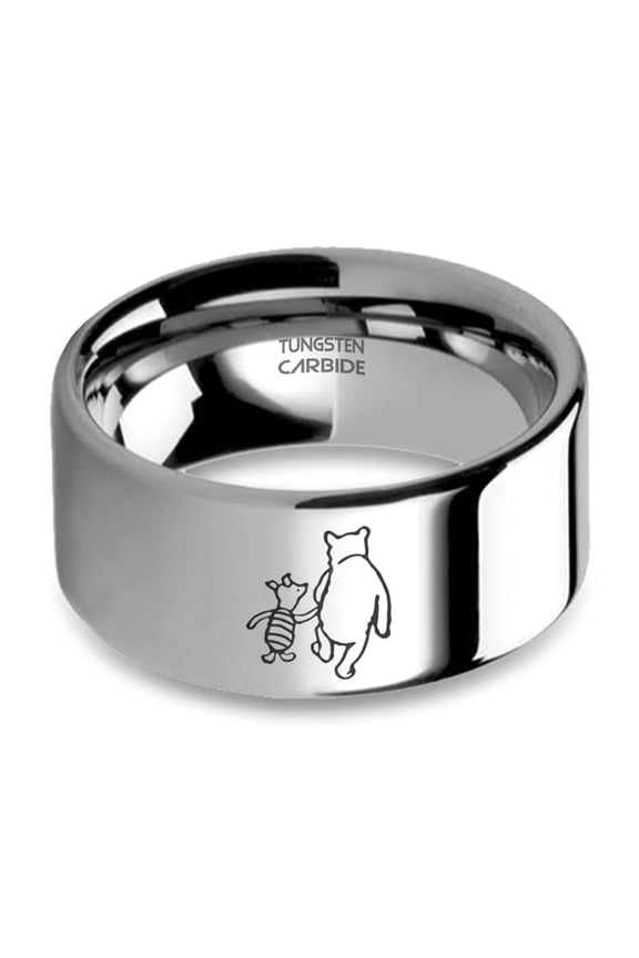 Winnie-the-Pooh and Piglet Engraved Silver Tungsten Carbide Ring, 10mm, Size 11.5