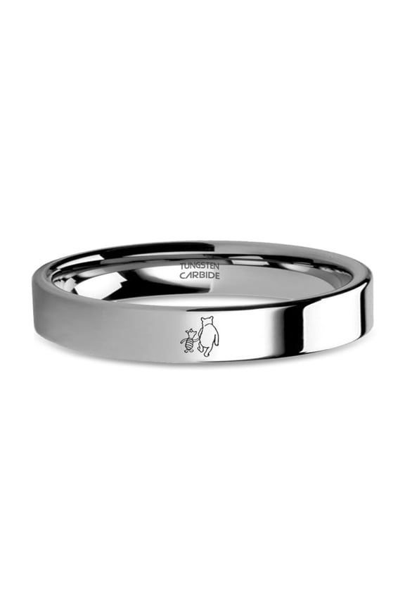 Winnie-the-Pooh and Piglet Engraved Silver Tungsten Carbide Ring, 4mm, Size 9.5