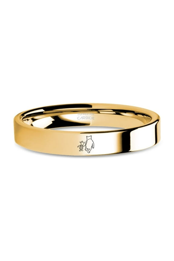 Winnie-the-Pooh and Piglet Engraved Yellow Tungsten Carbide Ring, 4mm, Size 8.5