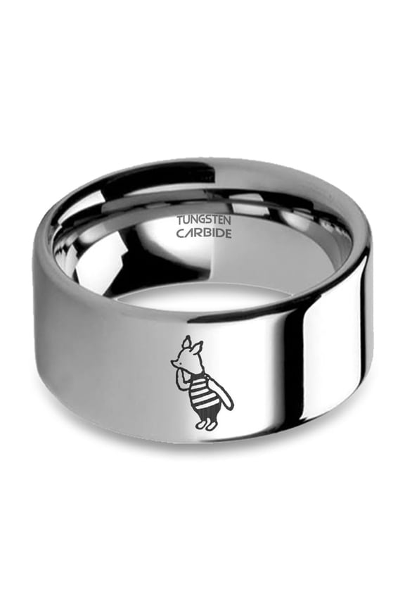 Winnie-the-Pooh's Piglet Engraved Silver Tungsten Carbide Ring, 10mm, Size 15