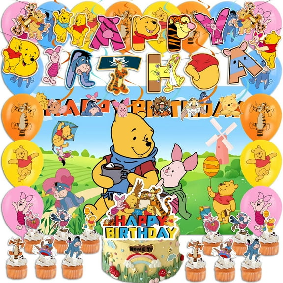 Winnie the Pooh themed party decorations, holiday party decorations, balloons, decorative backgrounds, birthday banners, cake decorations