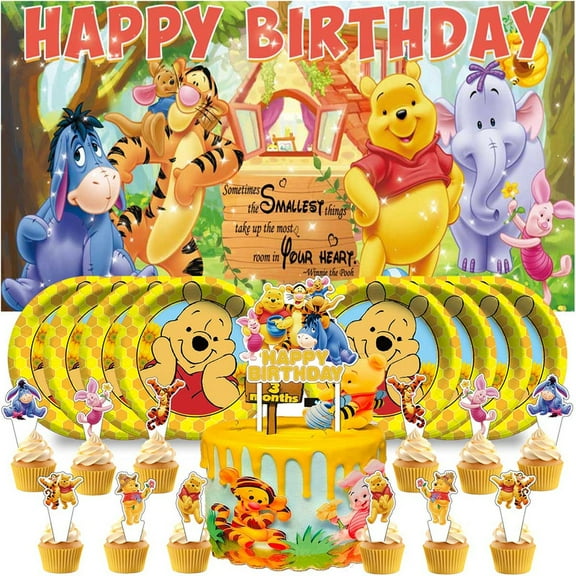 Winnie the pooh Plates Supplies Party Decorations Birthday Decor Backdrop Banner Cake Topper Fans