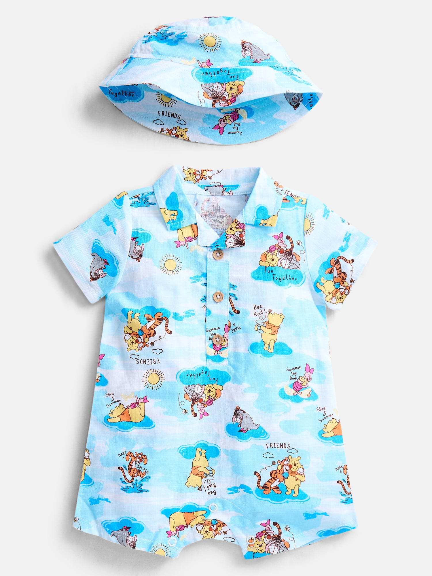 Winnie the Pooh Baby Boys' Print Cotton Romper and Bucket Hat Set, 2-Piece, Sizes 0/3M-24M