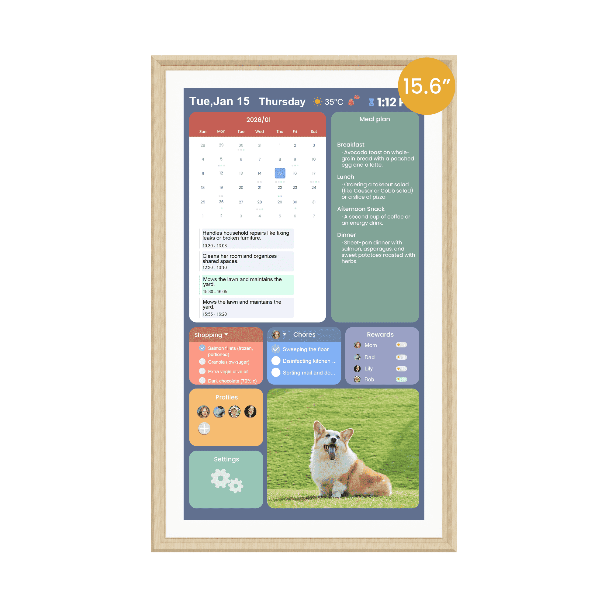 Winnovo 15.6-inch Smart Digital Wall Calendar, Touchscreen Family Planner with Wifi, No Subscription, Wood Frame