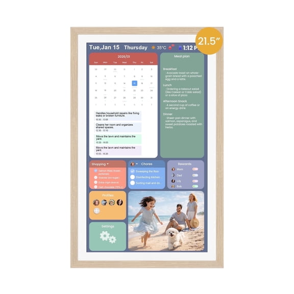 Winnovo 21.5-inch Smart Digital Wall Calendar, Touchscreen Family Planner with Wifi, No Subscription, Wood Frame