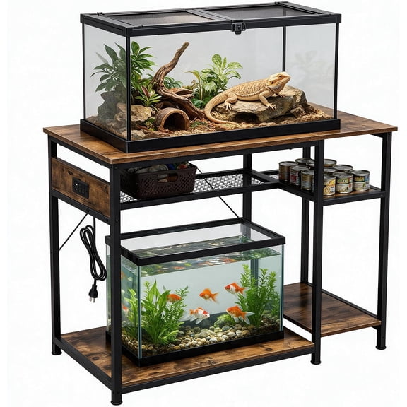 Winnturry 120 Gallon Reptile Tank Stand with Charging Outlet, 48 Inch Aquarium and Terrarium Rack Holds 1000 lbs, Steel and Particle Board Enclosure Table with Storage Shelves for Bearded Dragons