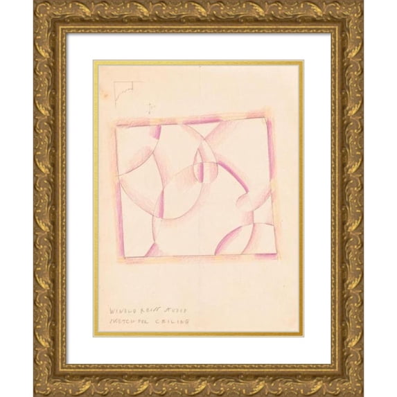 Winold Reiss 12x14 Gold Ornate Wood Frame and Double Matted Museum Art Print Titled - Interior Designs for Screens and Ceilings.) (Drawing of Plans, Elevation, and Details (1910)