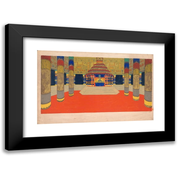 Winold Reiss 14x11 Black Modern Framed Museum Art Print Titled - Design for Unidentified Interior.) (Drawing of Columned Hall with Altar on a Stepped Plinth and Decorative Frieze Featuring E
