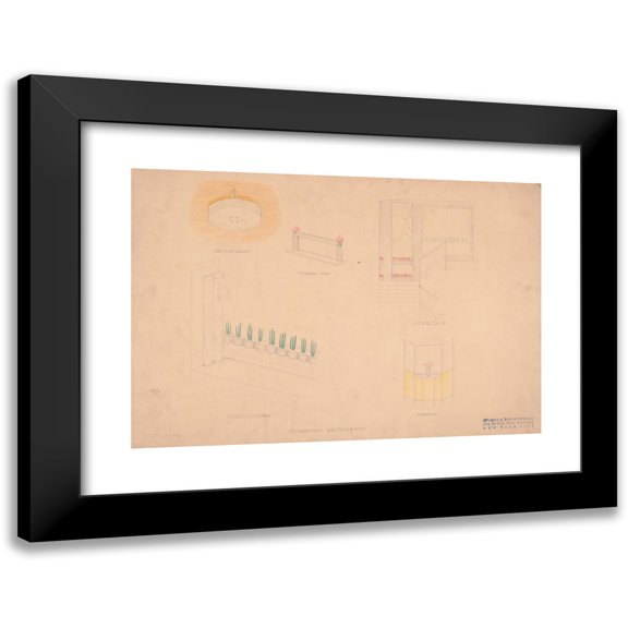 Winold Reiss 14x11 Black Modern Framed Museum Art Print Titled - Designs for Interior of Shoreham Restaurant. Perspectives and Elevations for Ceiling Lamp, Show Window, Window Sign, Staircas